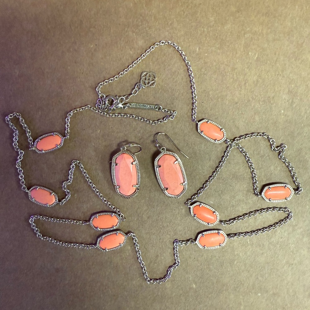 Kendra Scott Chic Silver and Coral Necklace + Matching Earrings